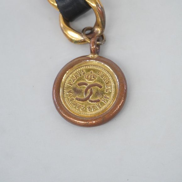 Auth Chanel Belt Chain Belt Gold Metal Fittings Women's Leather Chain Belt Black - Picture 3 of 11